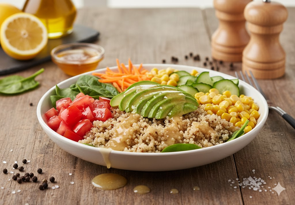 Bowl de quinoa con vegetales frescos y aliño cítrico