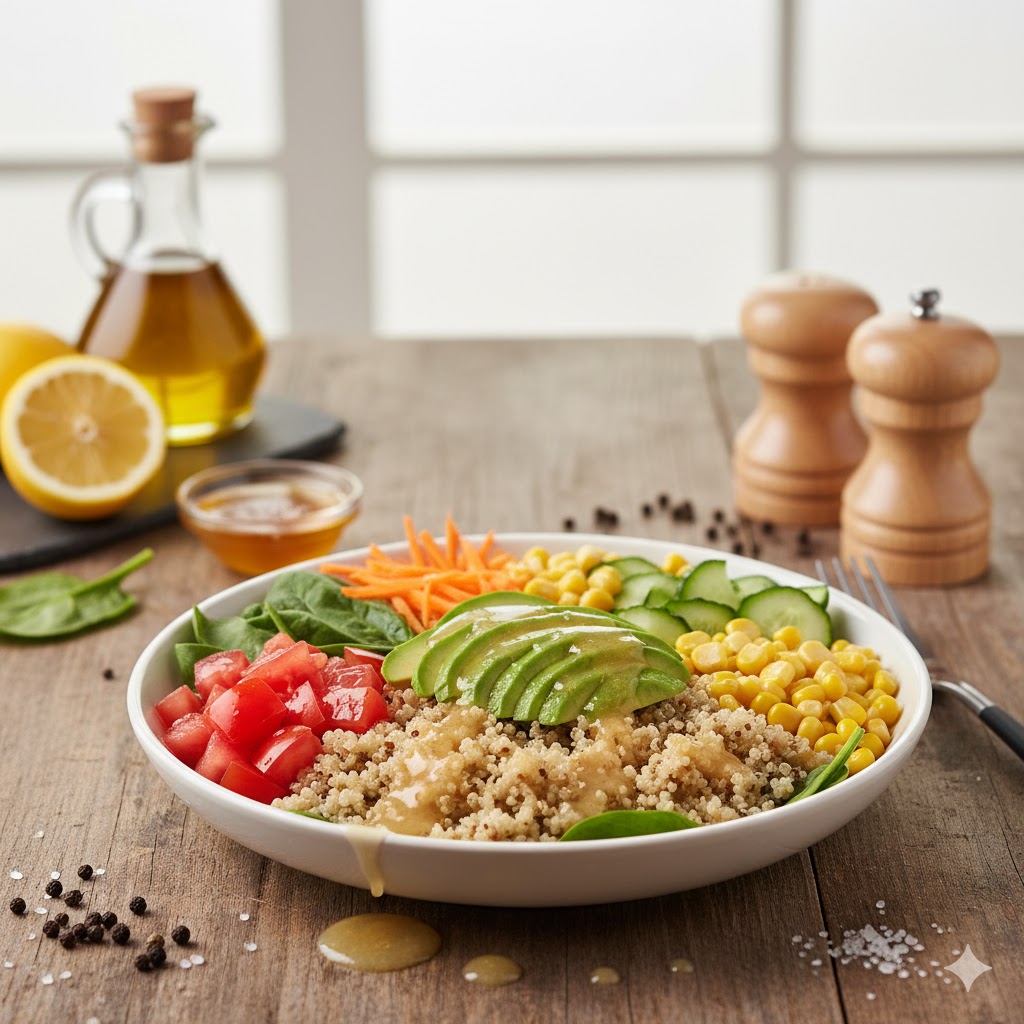 Bowl de quinoa con vegetales servido en plato