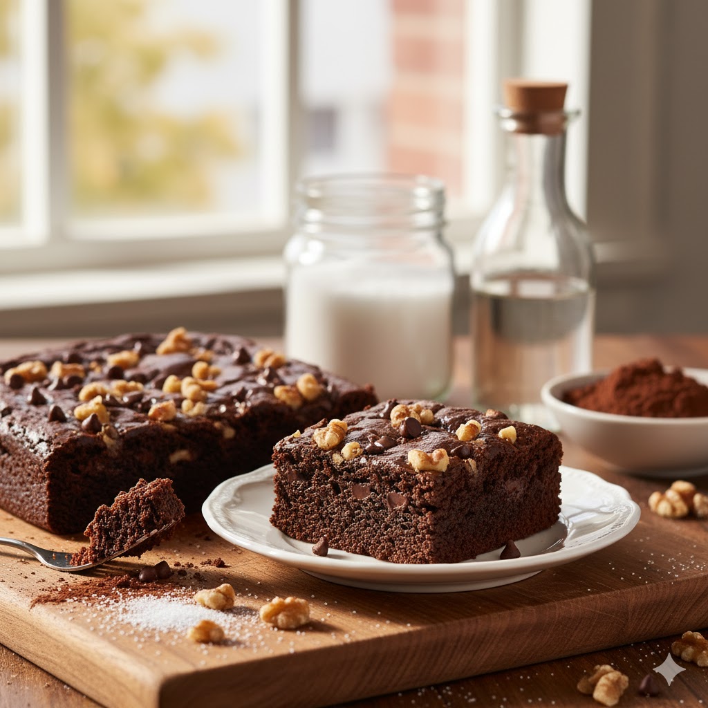 Brownie saludable servido en plato con nueces y frutas