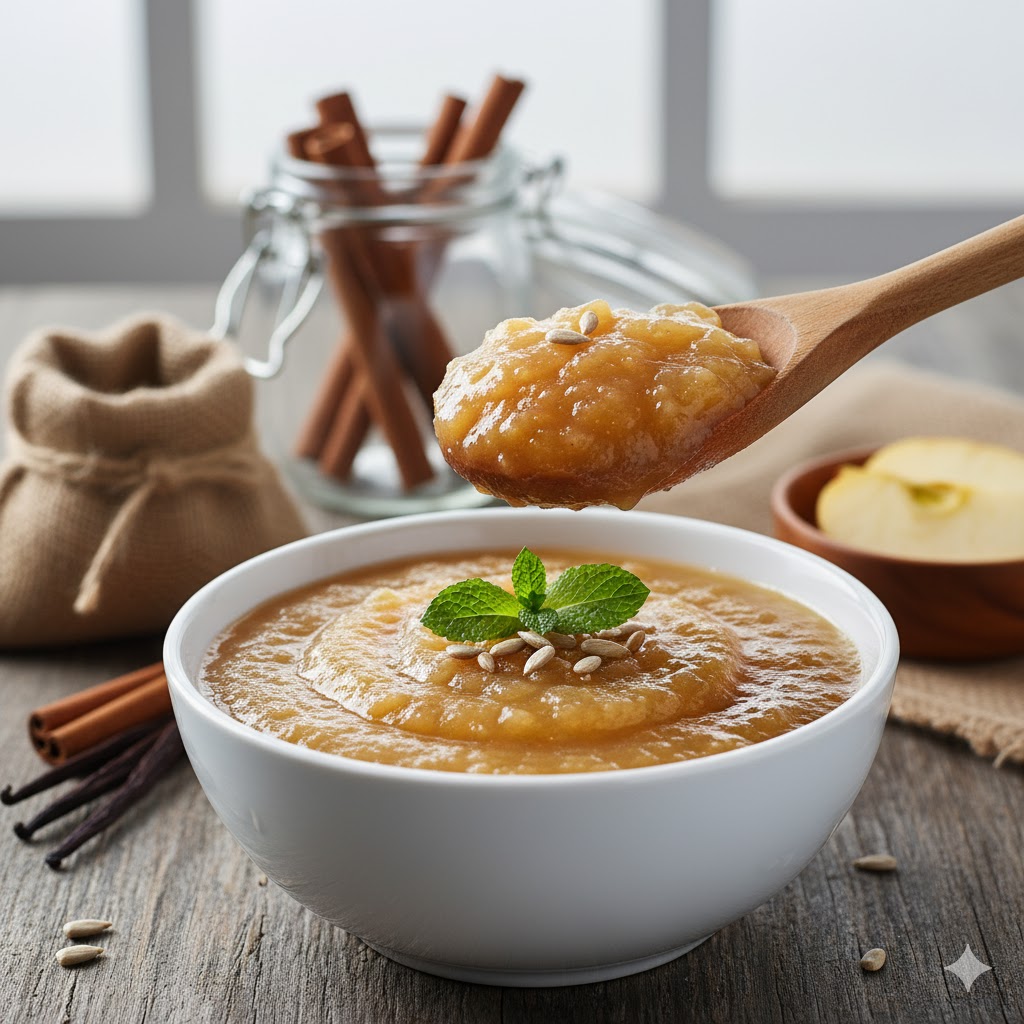 Compota de manzana sin azúcar servida en cuenco con canela