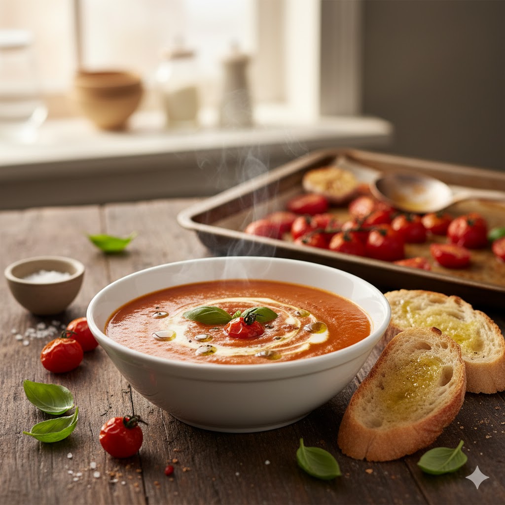 Crema de tomate asado servida en plato hondo con crema y albahaca