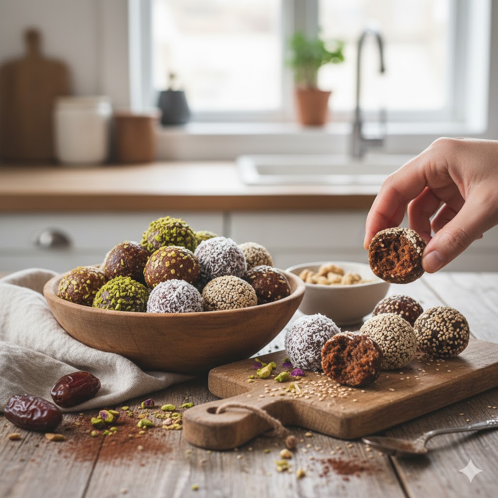 Energy bites servidas en plato decoradas con semillas