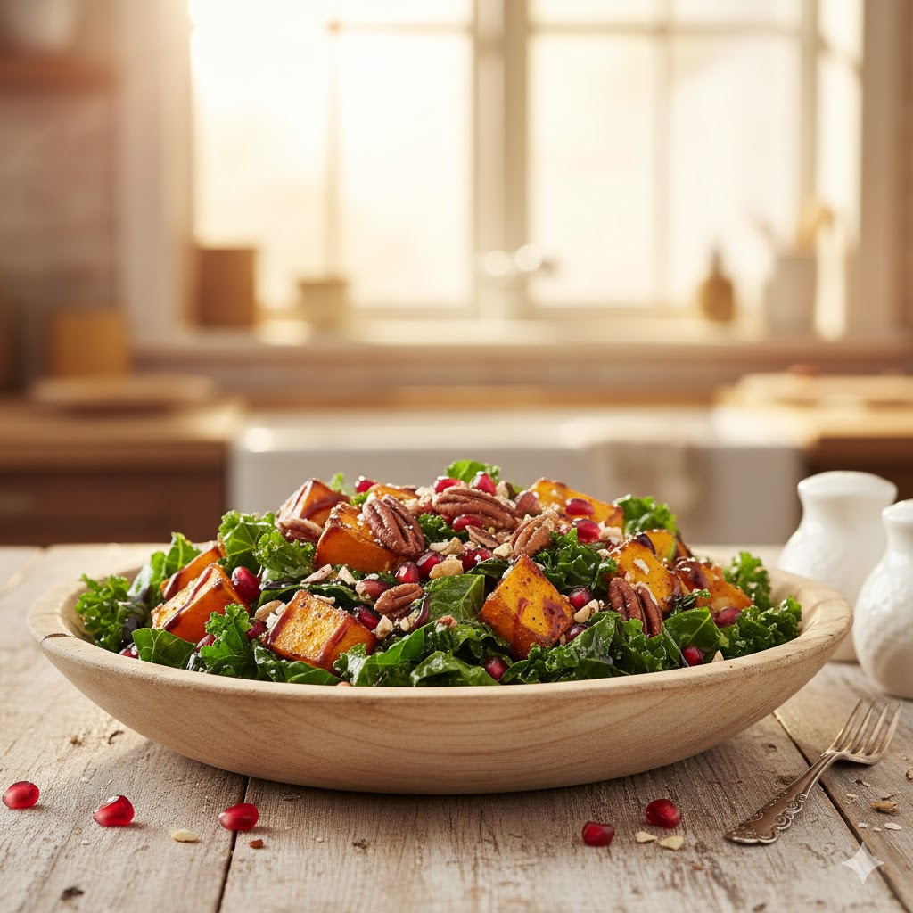 Ensalada de boniato y kale servida en plato blanco