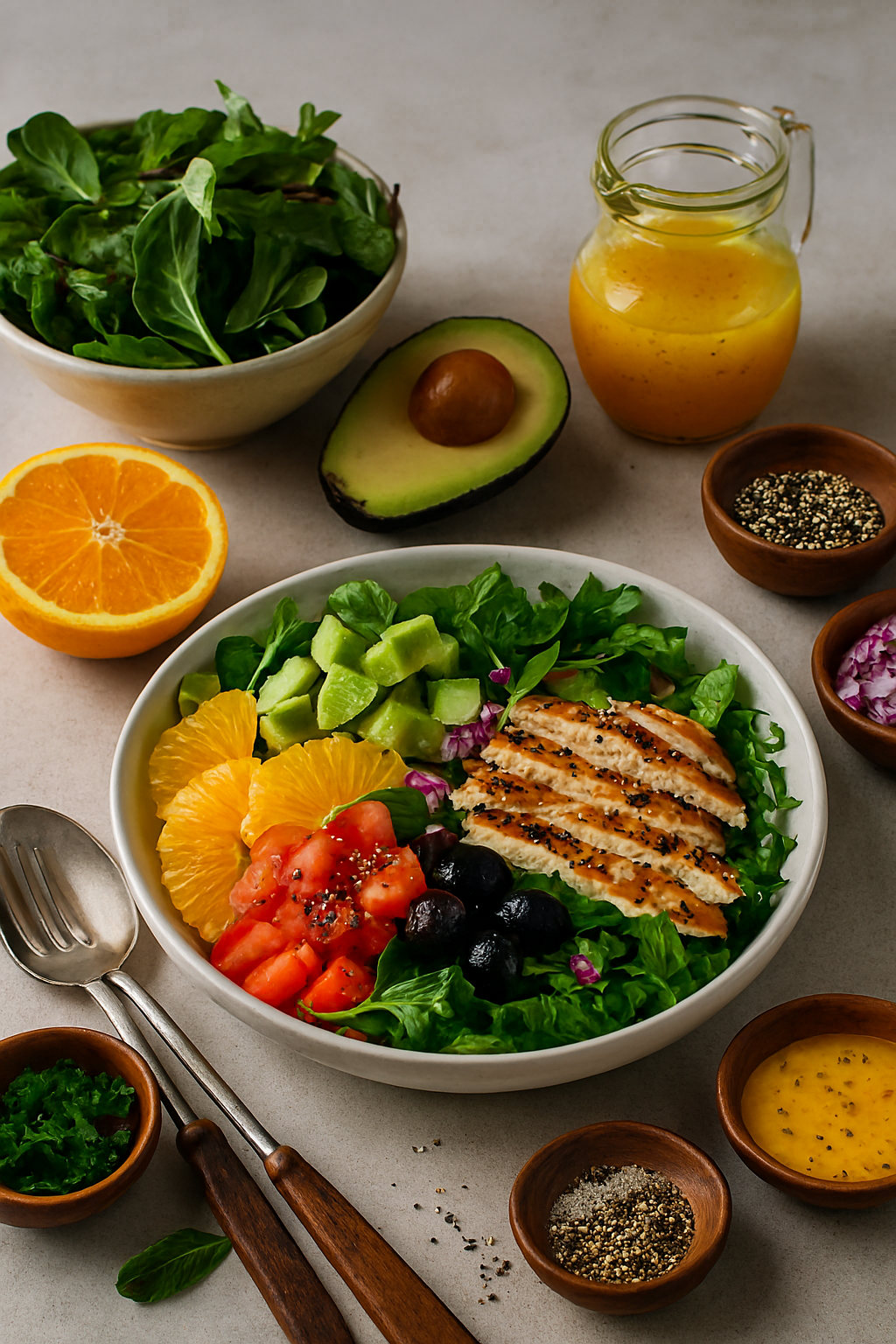 Ensalada de pollo con naranja y aguacate