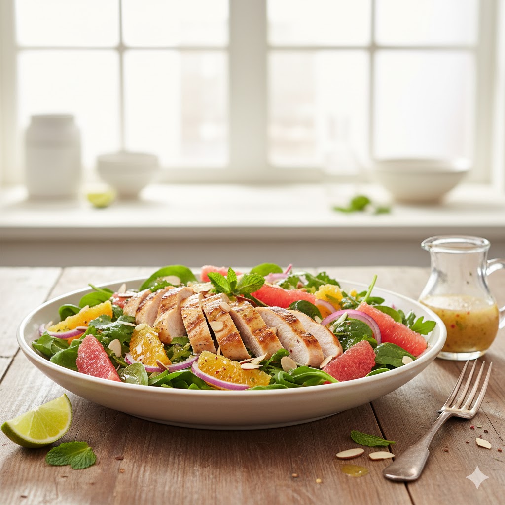 Ensalada de pollo cítrica con gajos de naranja y aguacate