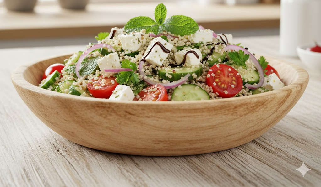Ensalada de quinoa con queso feta, tomate y aceitunas