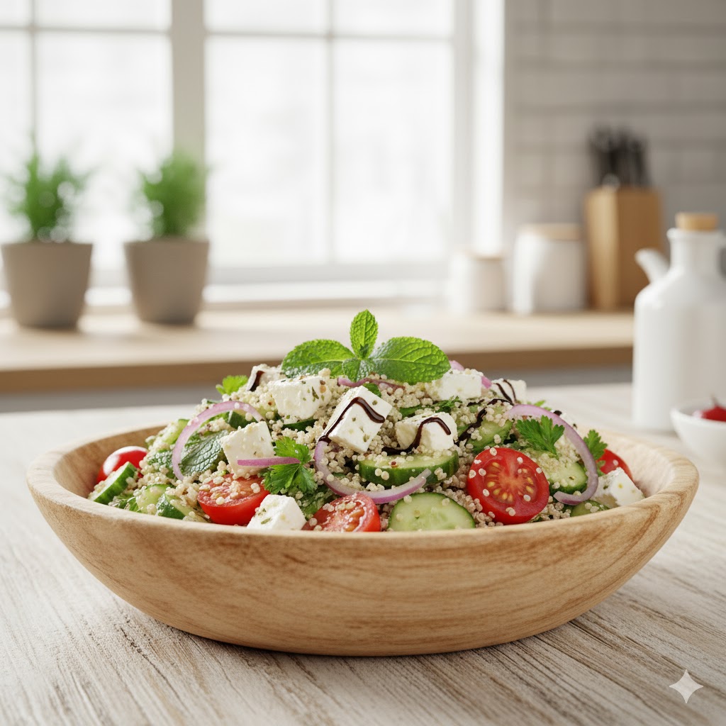 Ensalada de quinoa con feta servida en bol