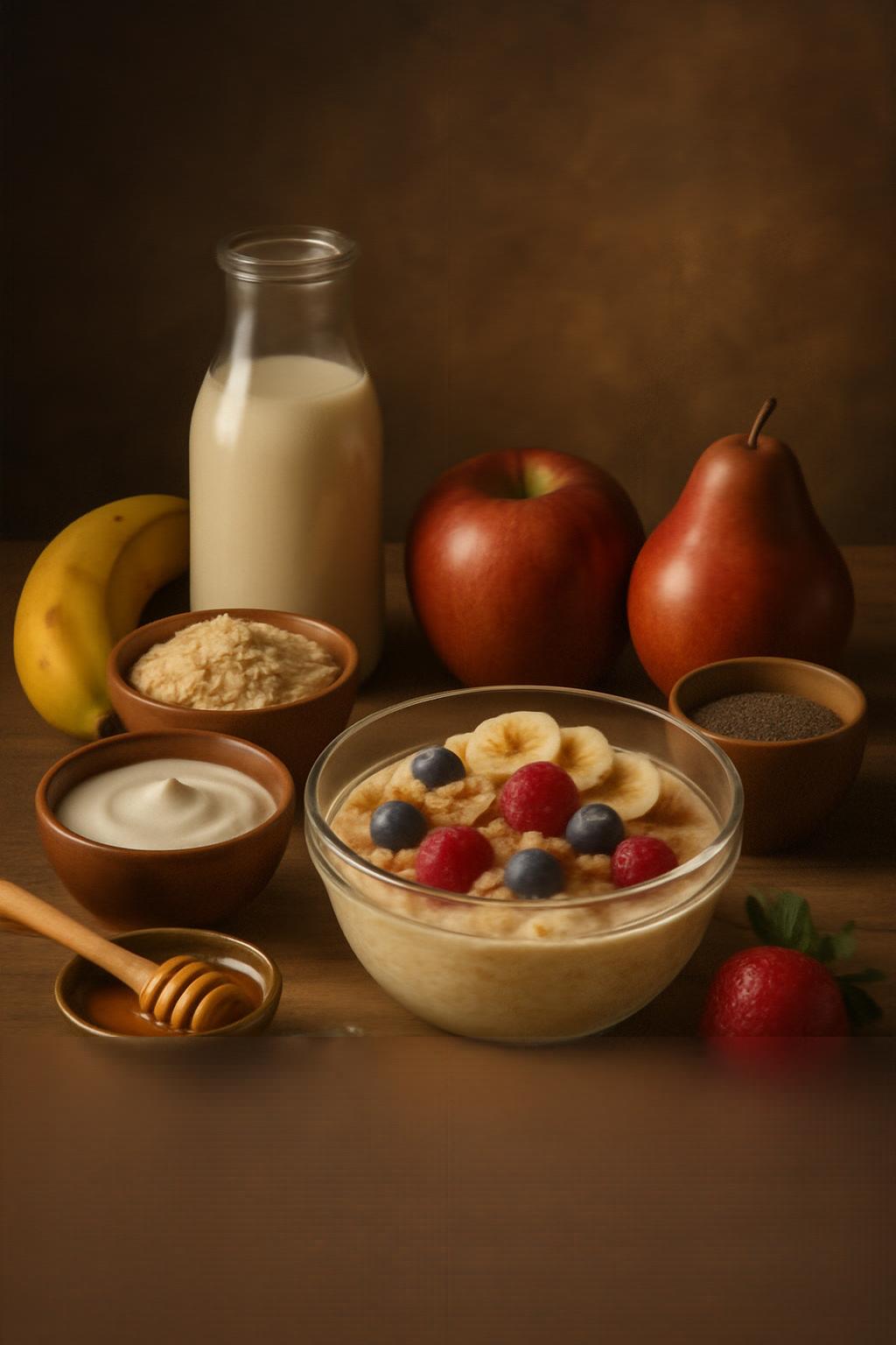 Ingredientes de overnight oats: avena, leche, yogur, fruta y semillas