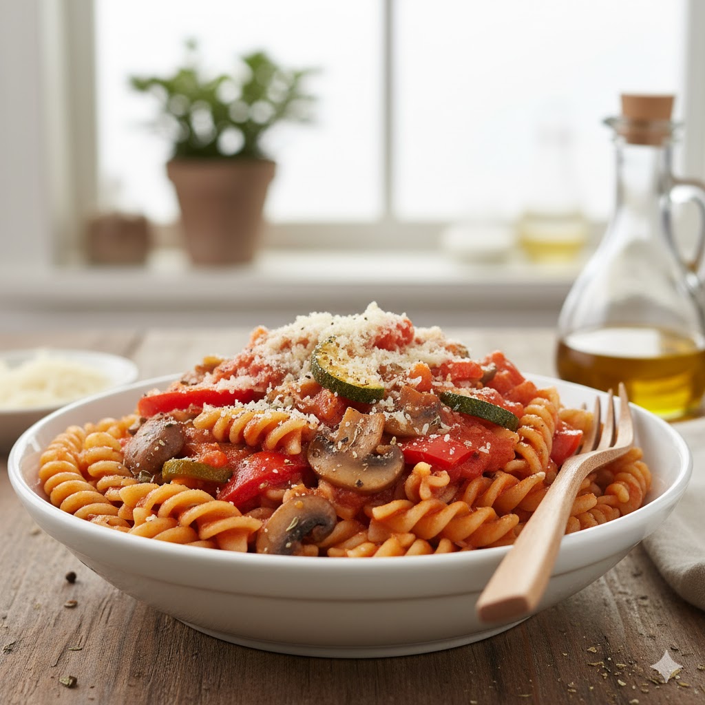Plato servido de pasta integral con verduras y queso