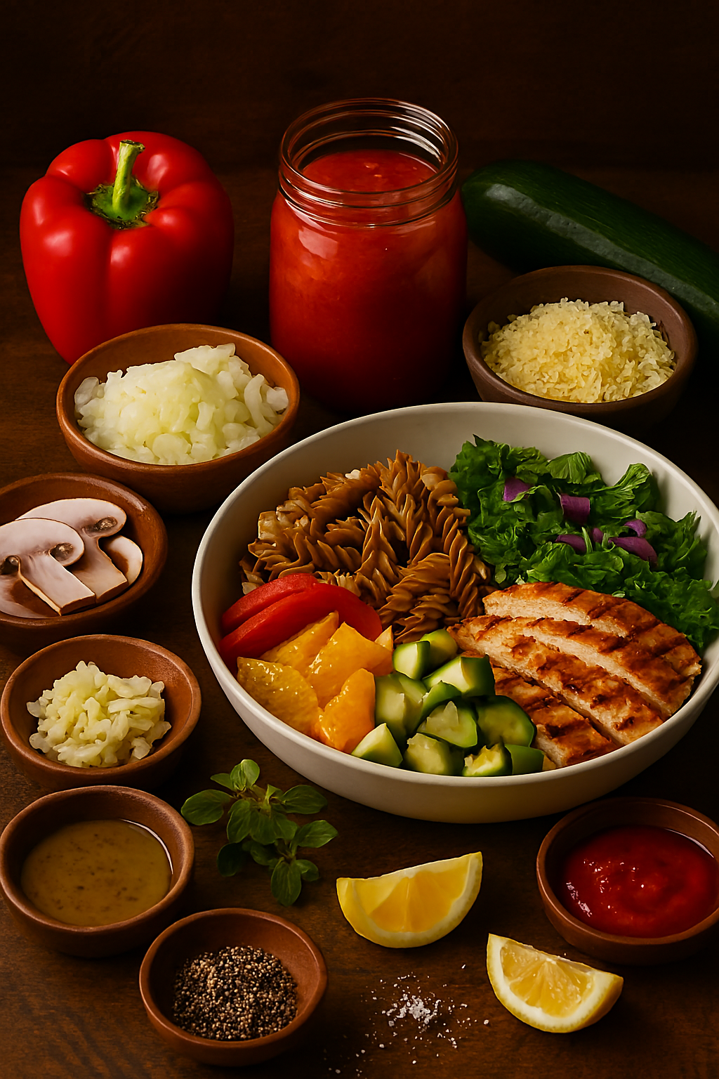 Ingredientes para pasta integral con verduras