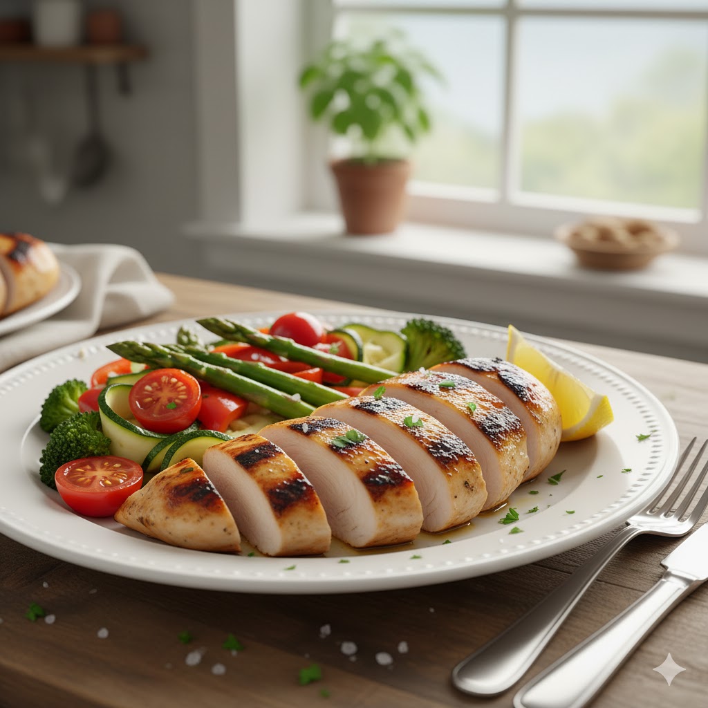 Pechuga de pollo a la plancha con verduras salteadas servida en plato