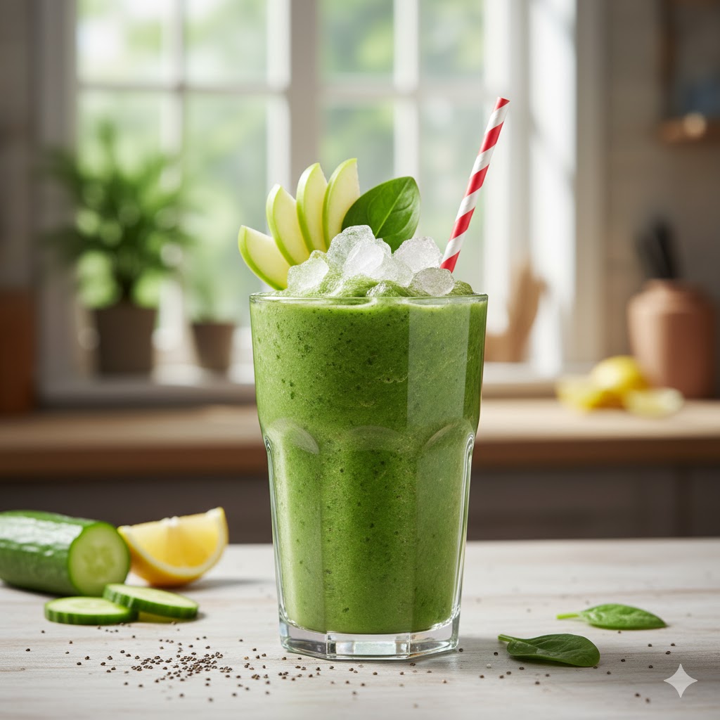 Smoothie Verde servido en vaso alto con pajita