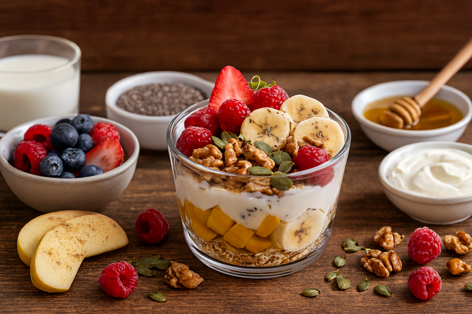 Ingredientes para yogur con granola y frutas