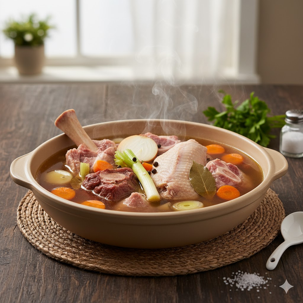 Caldo casero tradicional servido