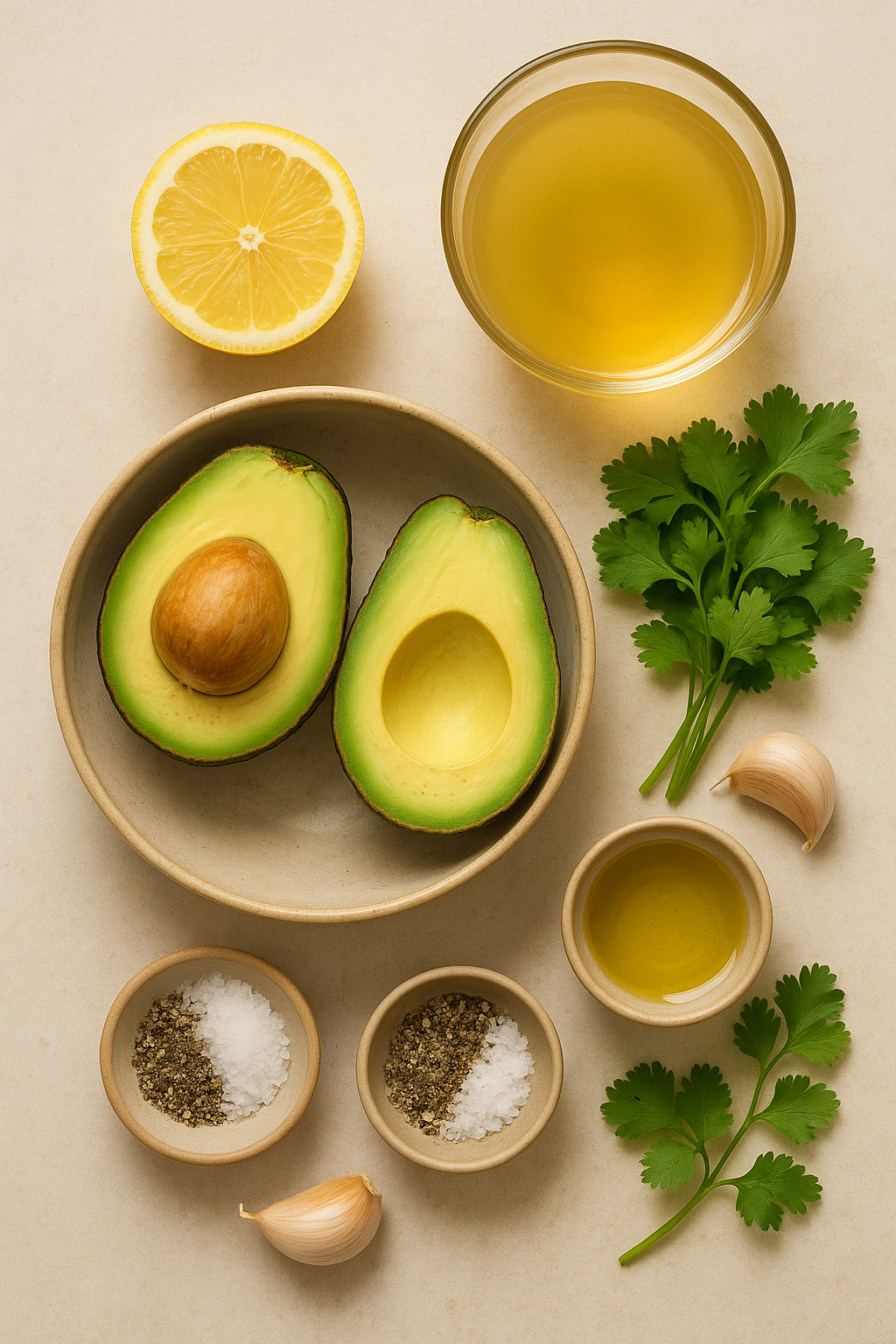 Ingredientes crema fría de aguacate: aguacates, caldo, ajo, limón y cilantro