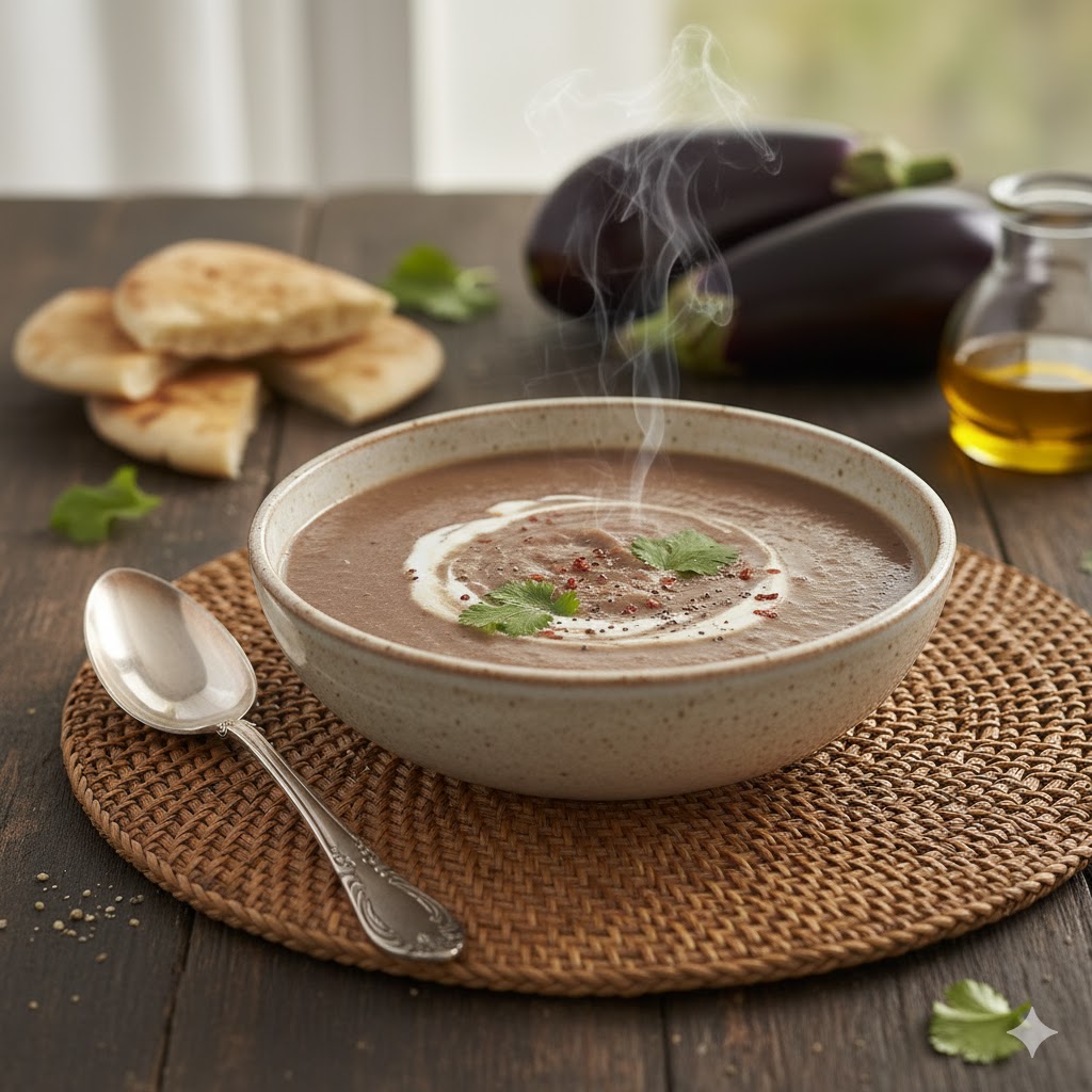 Crema de berenjena suave y saludable servida