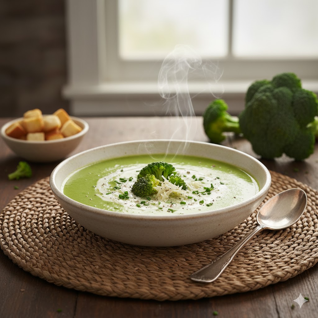 Crema de brócoli saludable servida