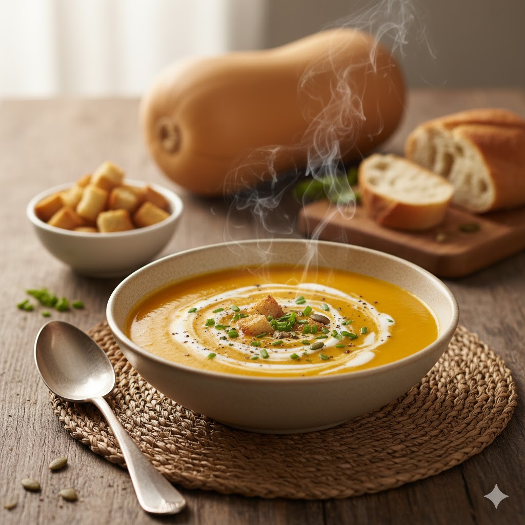 Crema de calabaza suave y cremosa servida