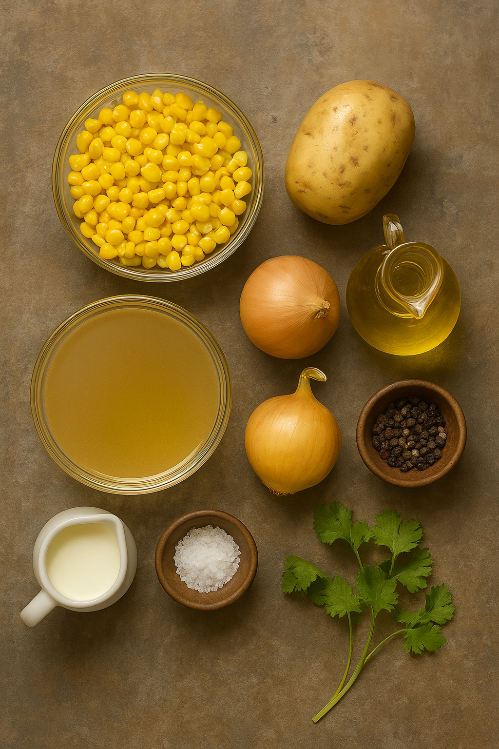 Ingredientes crema de maíz: maíz, patata, cebolla y caldo