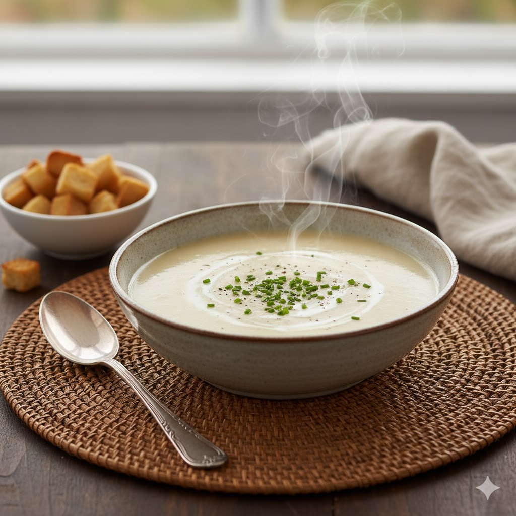 Crema de patata y puerro suave servida