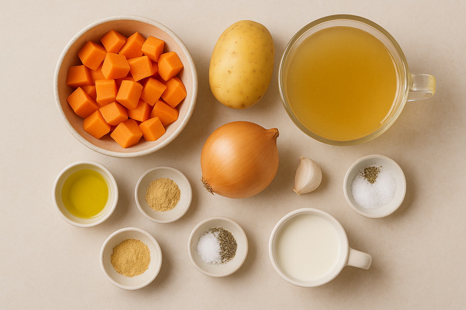 Ingredientes crema de zanahoria: zanahoria, patata, cebolla, ajo y especias