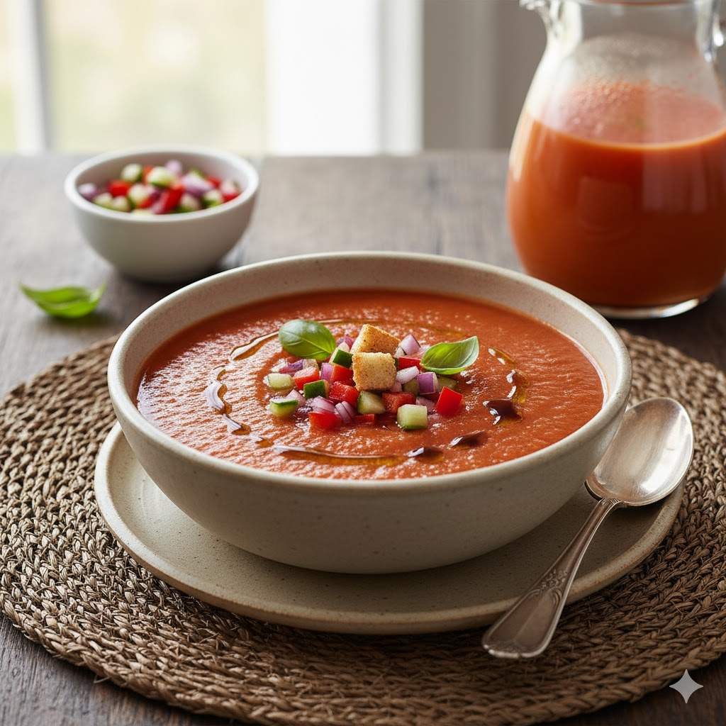 Gazpacho andaluz tradicional servido
