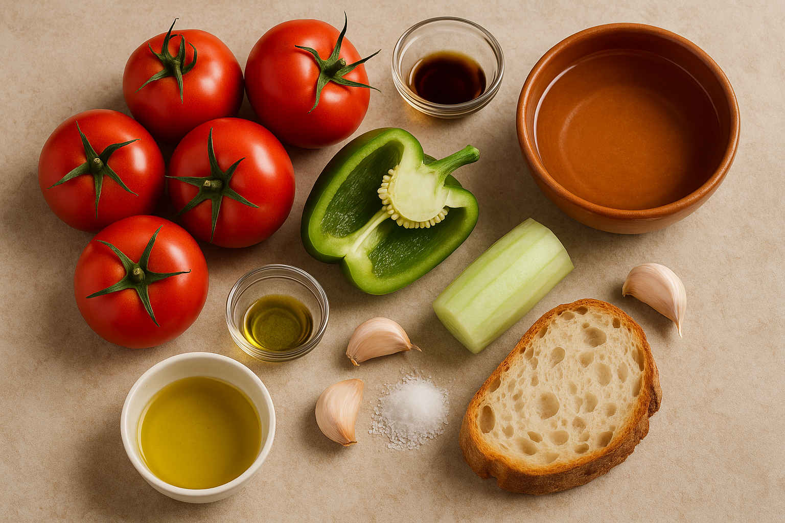 Ingredientes del gazpacho andaluz: tomates, pepino, pimiento, pan, ajo, aceite y vinagre