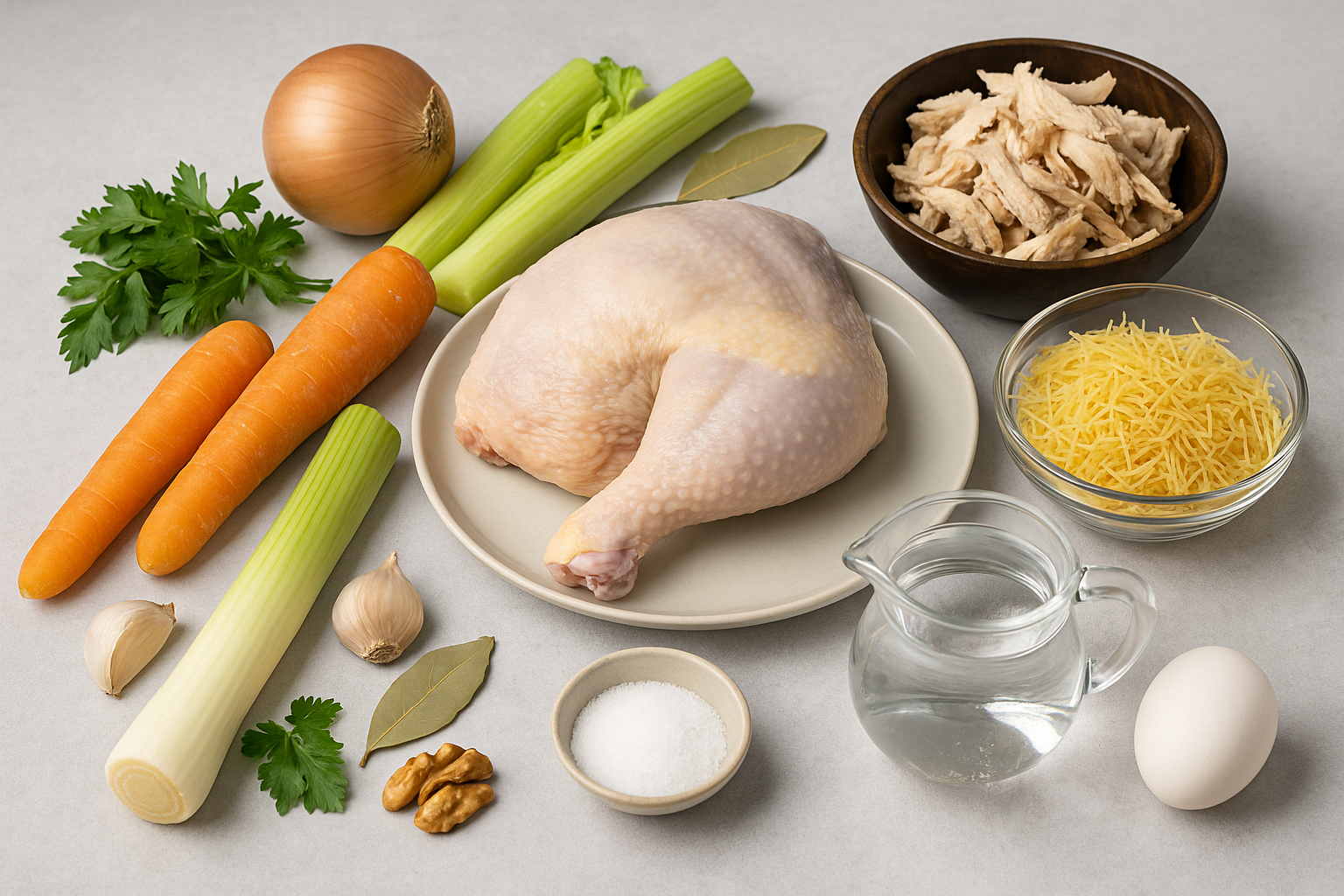 Ingredientes para sopa de pollo: pollo, verduras de caldo, fideos