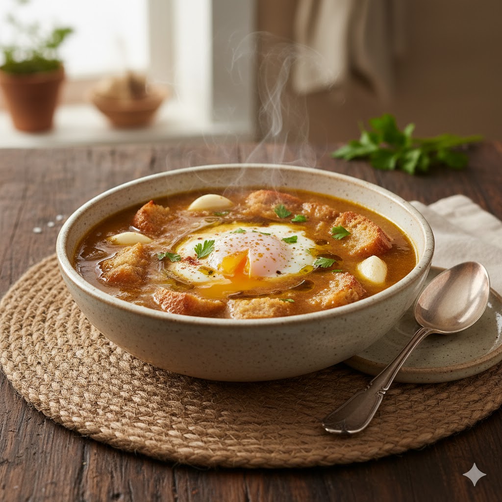 Sopa de ajo tradicional servida