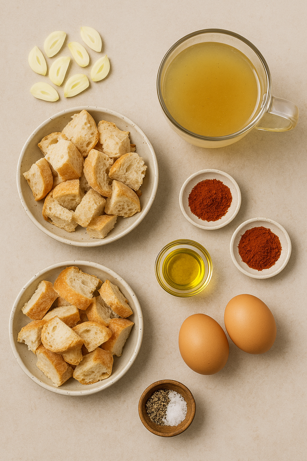 Ingredientes para sopa de ajo: ajo, pan, pimentón, caldo y huevos
