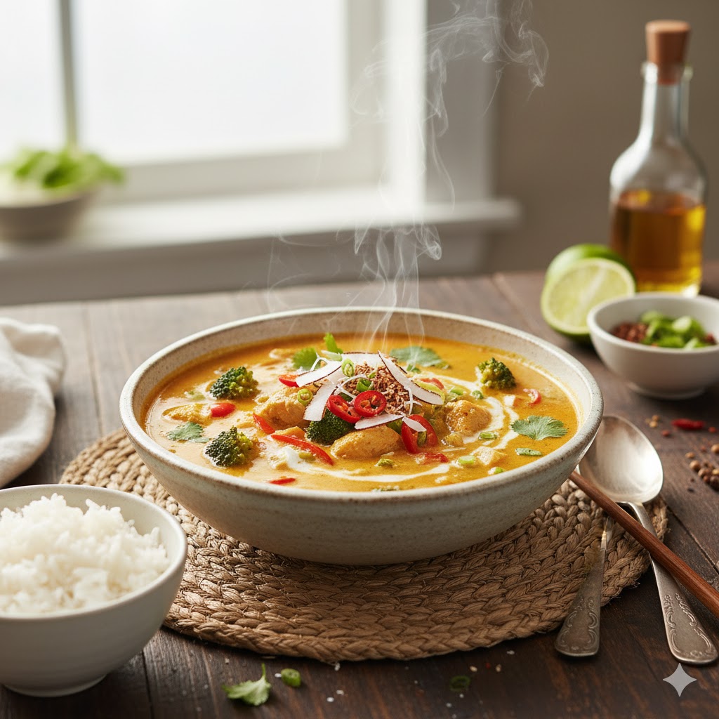 Sopa de coco y curry exótica servida