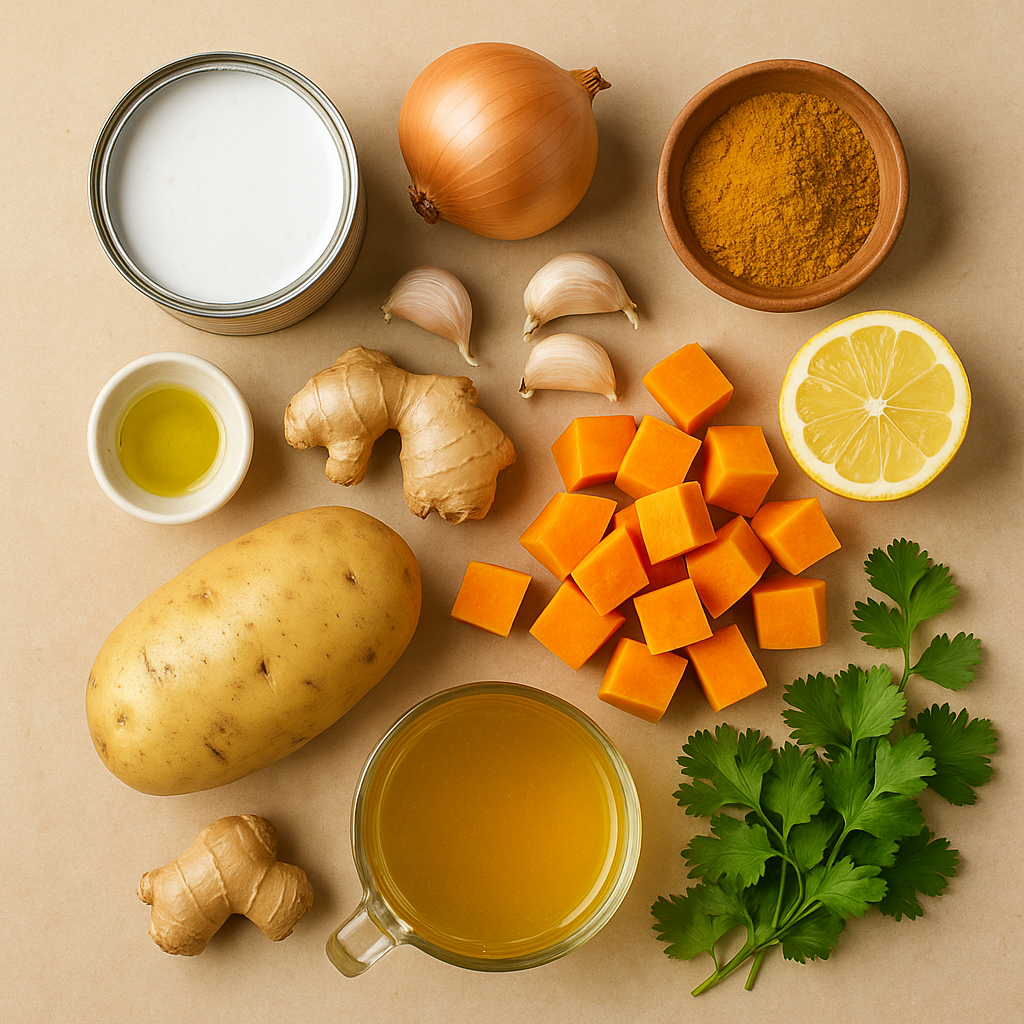 Ingredientes sopa de coco y curry: leche de coco, curry, verduras y especias