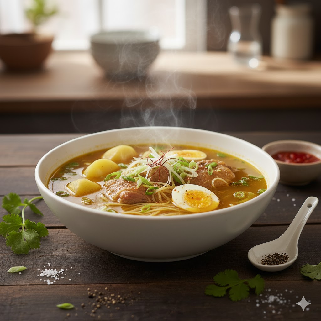 Sopa de gallina casera servida