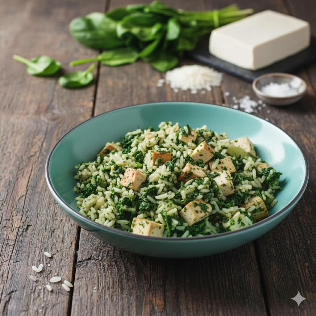 Arroz verde con tofu servido