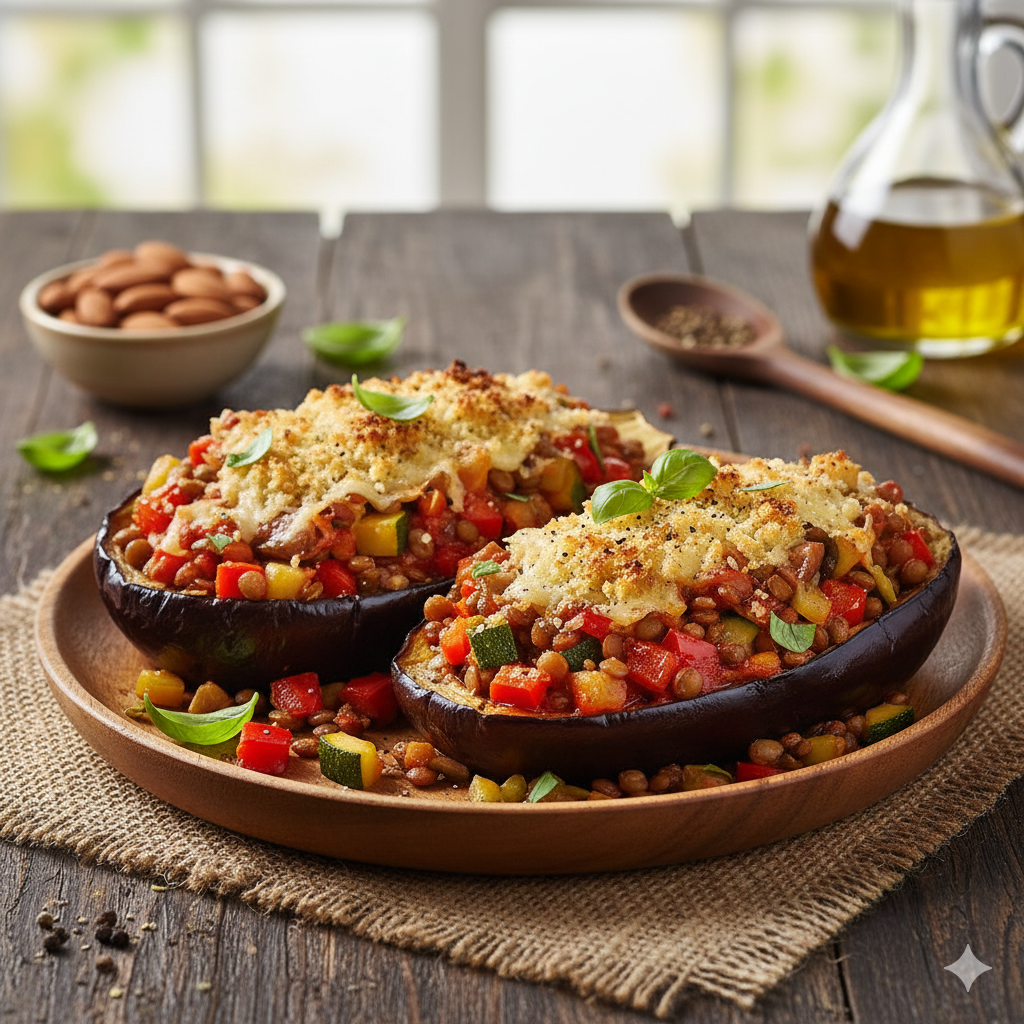 Berenjenas rellenas veganas servidas en un plato, con un dorado apetitoso