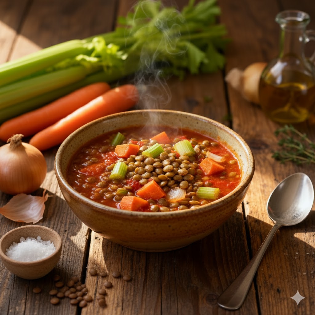 Lentejas estofadas vegetarianas servidas