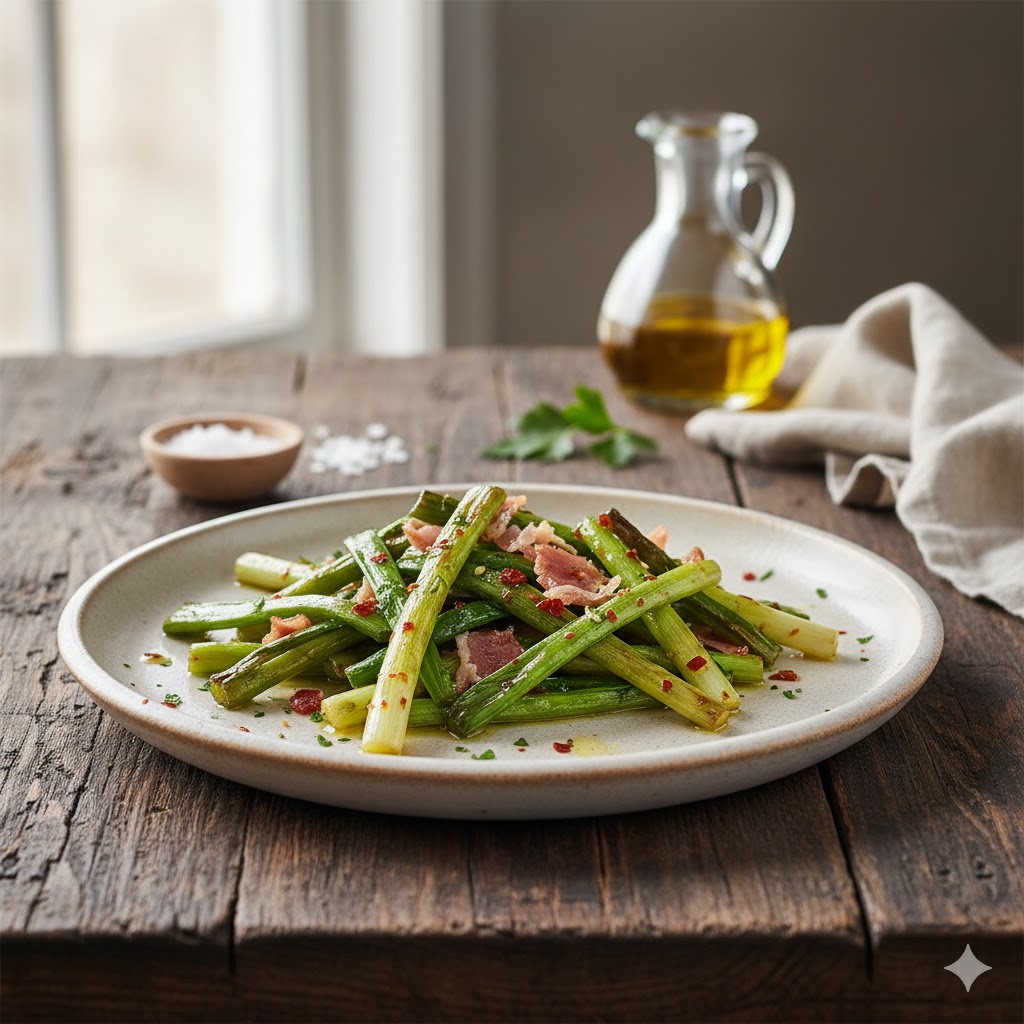 [:Ajos tiernos salteados con huevo y jamón servidos]