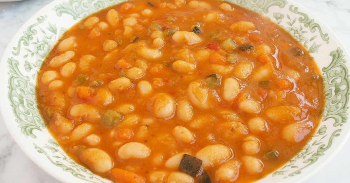 Plato de alubias con verduras variadas en un banner