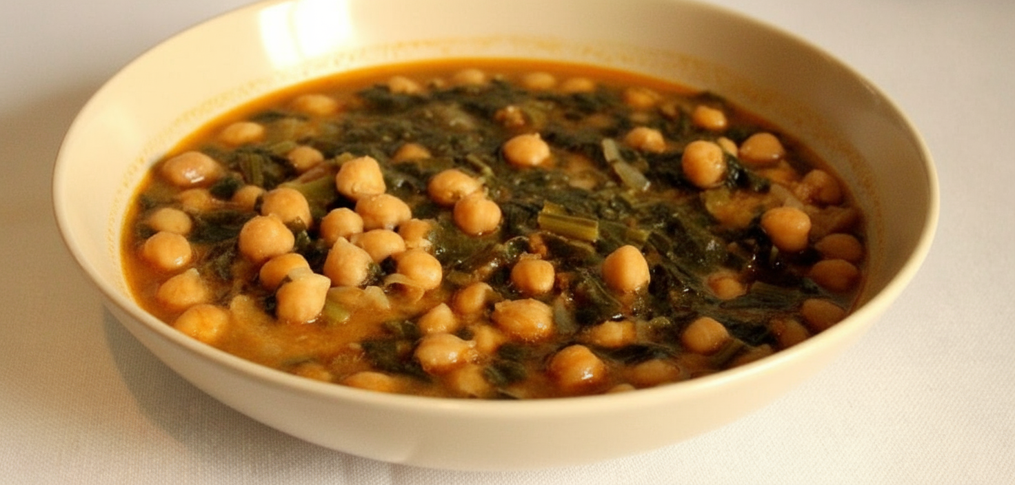 Potaje vegetal con garbanzos, espinacas y otras verduras en un banner