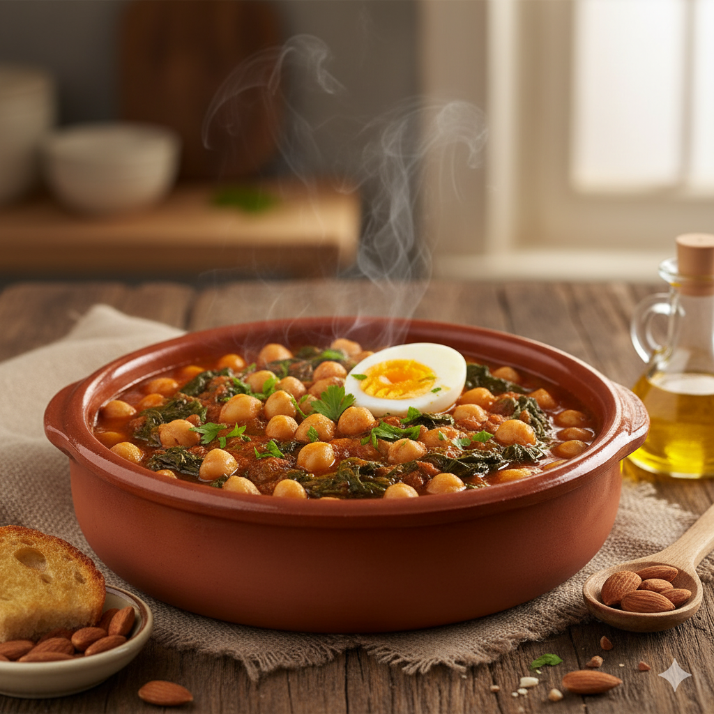 Plato de garbanzos con espinacas decorado con huevo cocido picado