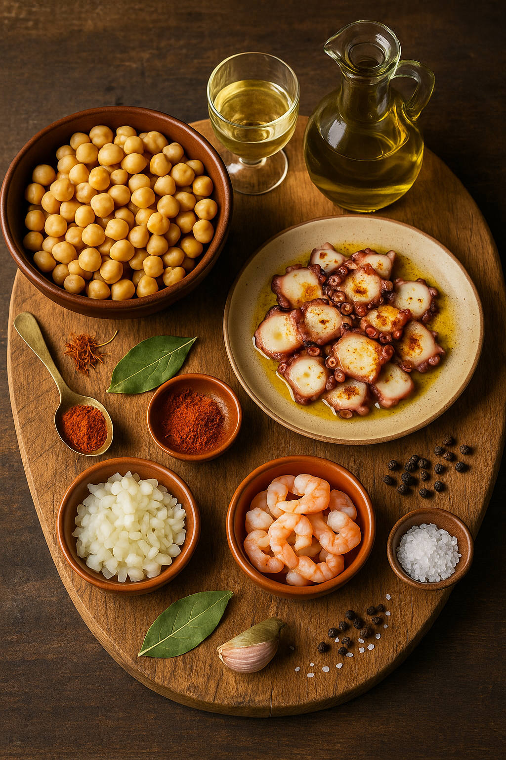 Ingredientes frescos para garbanzos con pulpo y gambas: garbanzos, pulpo, gambas, cebolla, ajo