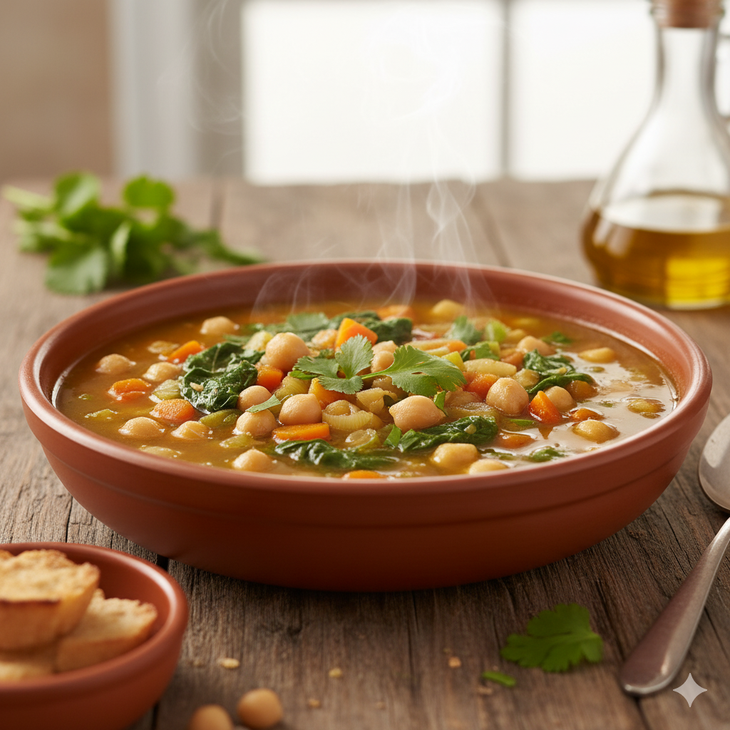 Plato de potaje vegetal caliente con garbanzos y espinacas