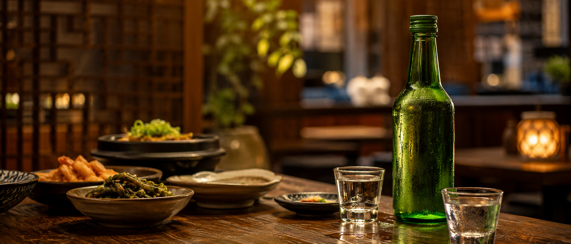Botella de soju coreano con vasos pequeños en una mesa de restaurante coreano