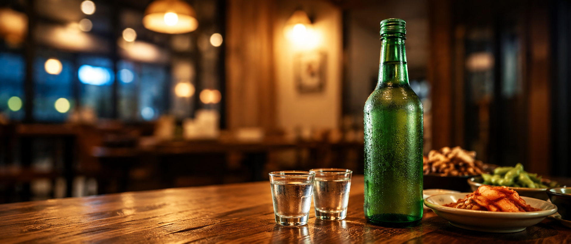 Mesa coreana con botella de soju, vasos pequeños y platos para compartir