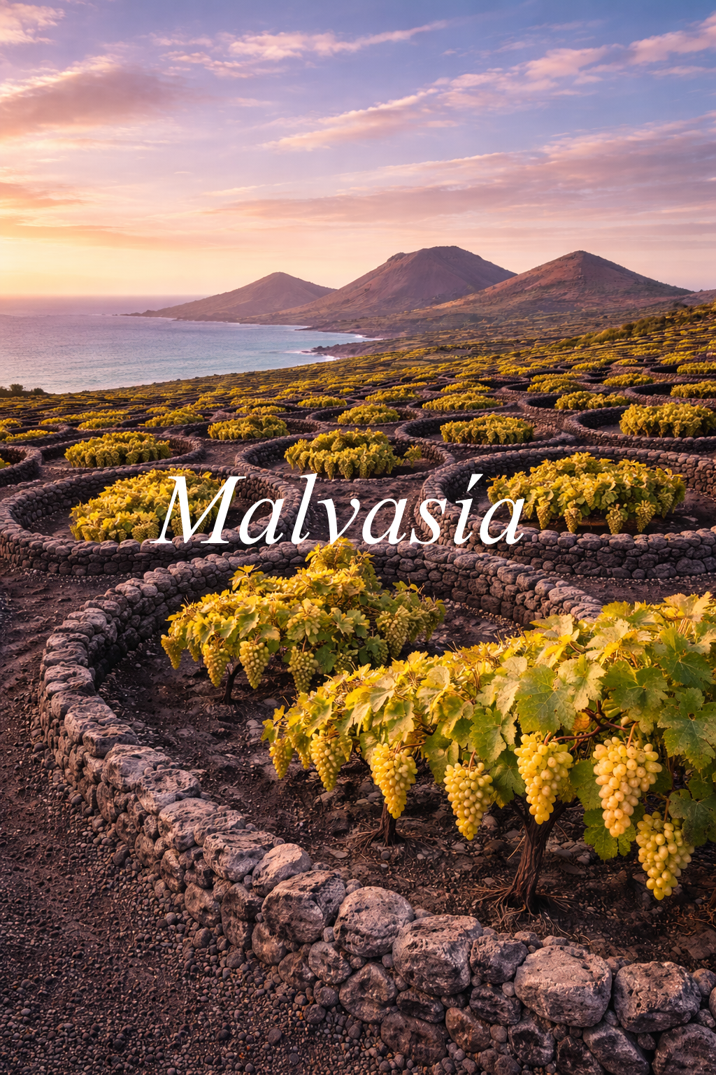 Viñedos de Malvasía en hoyos volcánicos de Lanzarote con mar de fondo