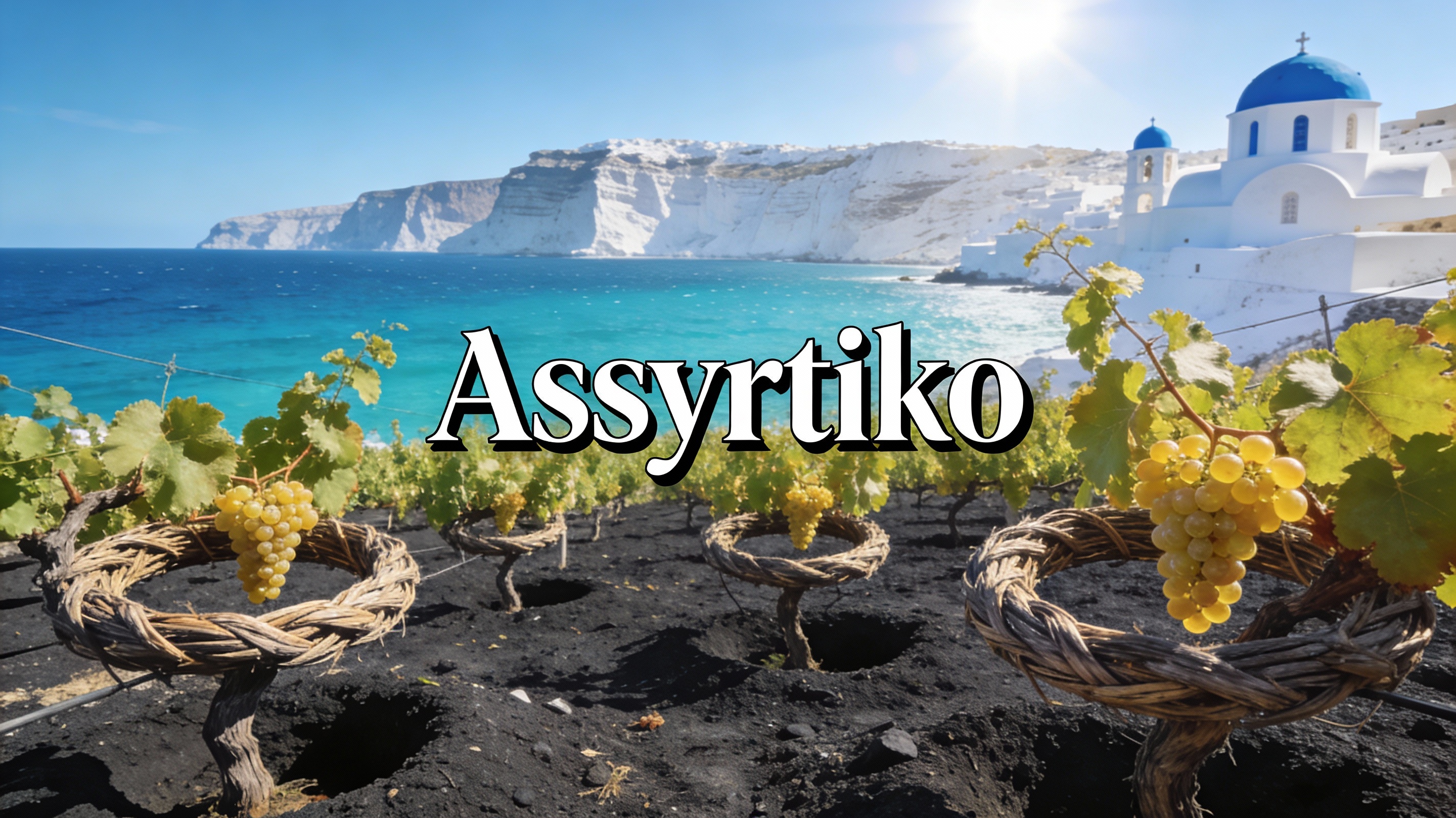 Viñedos de Assyrtiko en Santorini con cepas en forma de cesta (kouloura) frente al mar Egeo