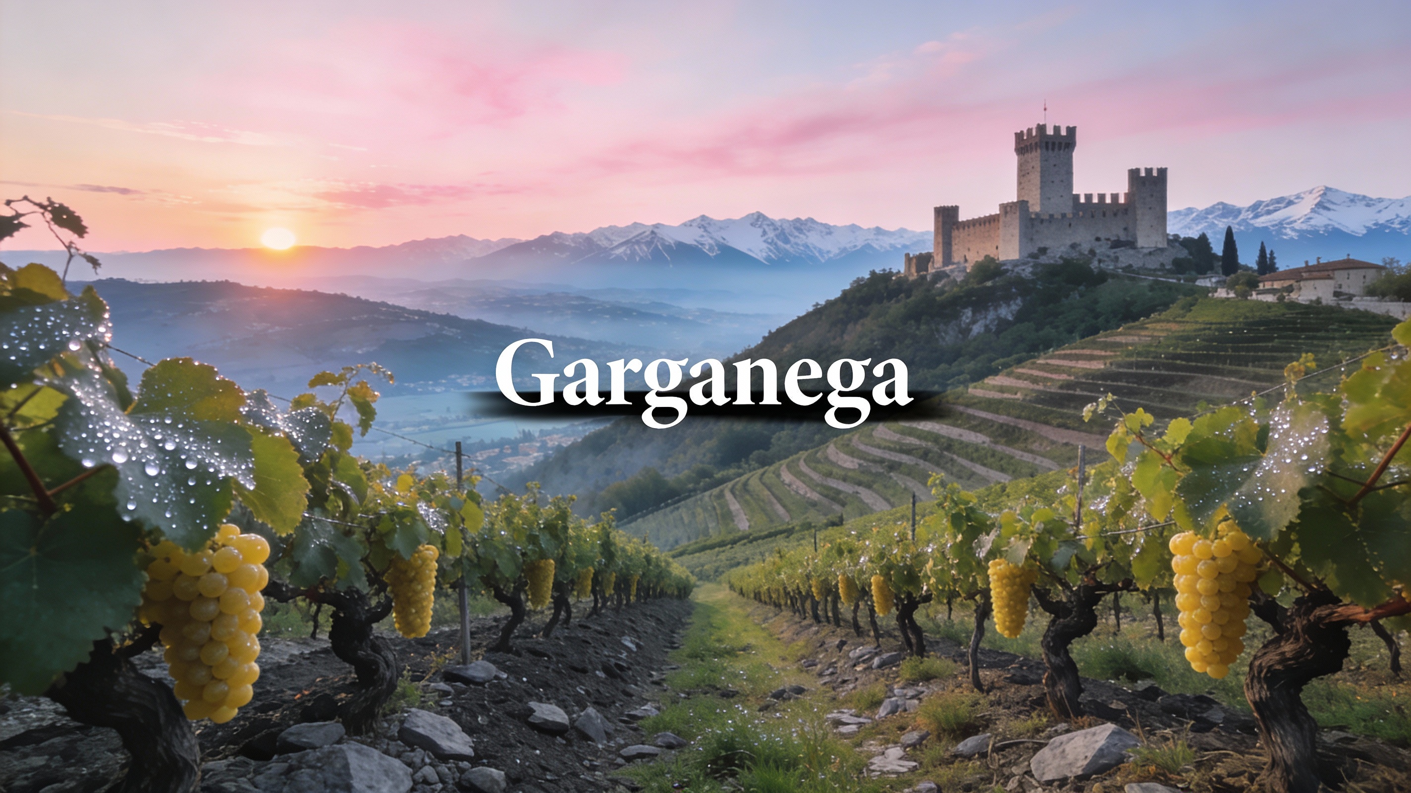 Viñedos de Garganega en las colinas volcánicas de Soave Classico al amanecer