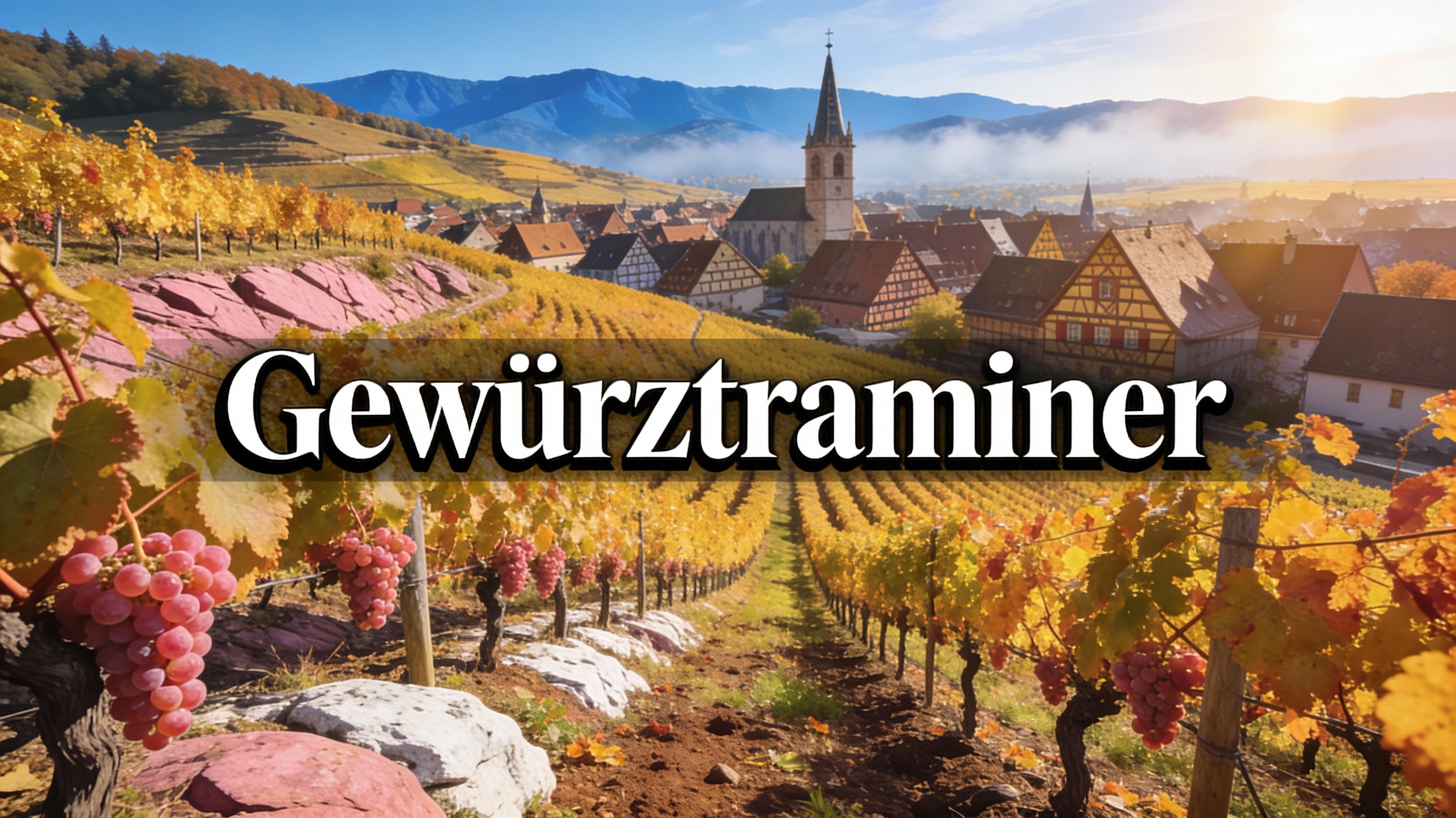 Viñedos de Gewürztraminer en las colinas soleadas de Alsacia con pueblos medievales al fondo