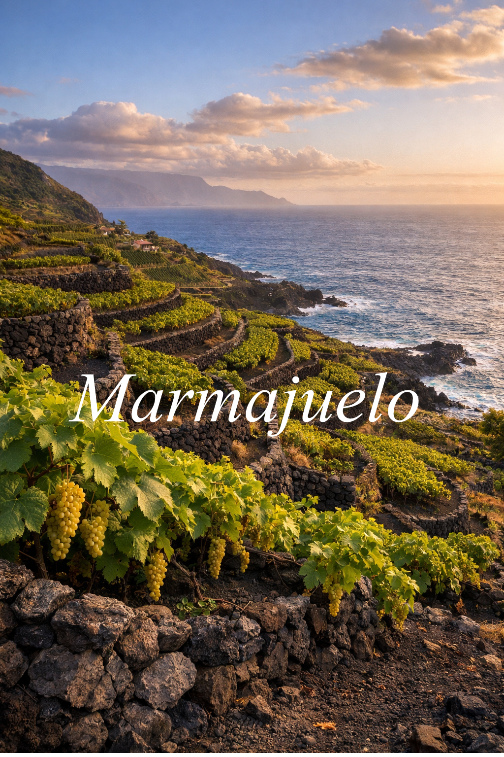 Viñedos de Marmajuelo en terrazas volcánicas de Tenerife con Atlántico al fondo