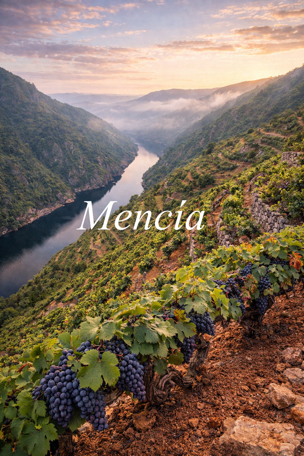 Viñedos heroicos de Mencía en Ribeira Sacra con cañones del Sil al fondo